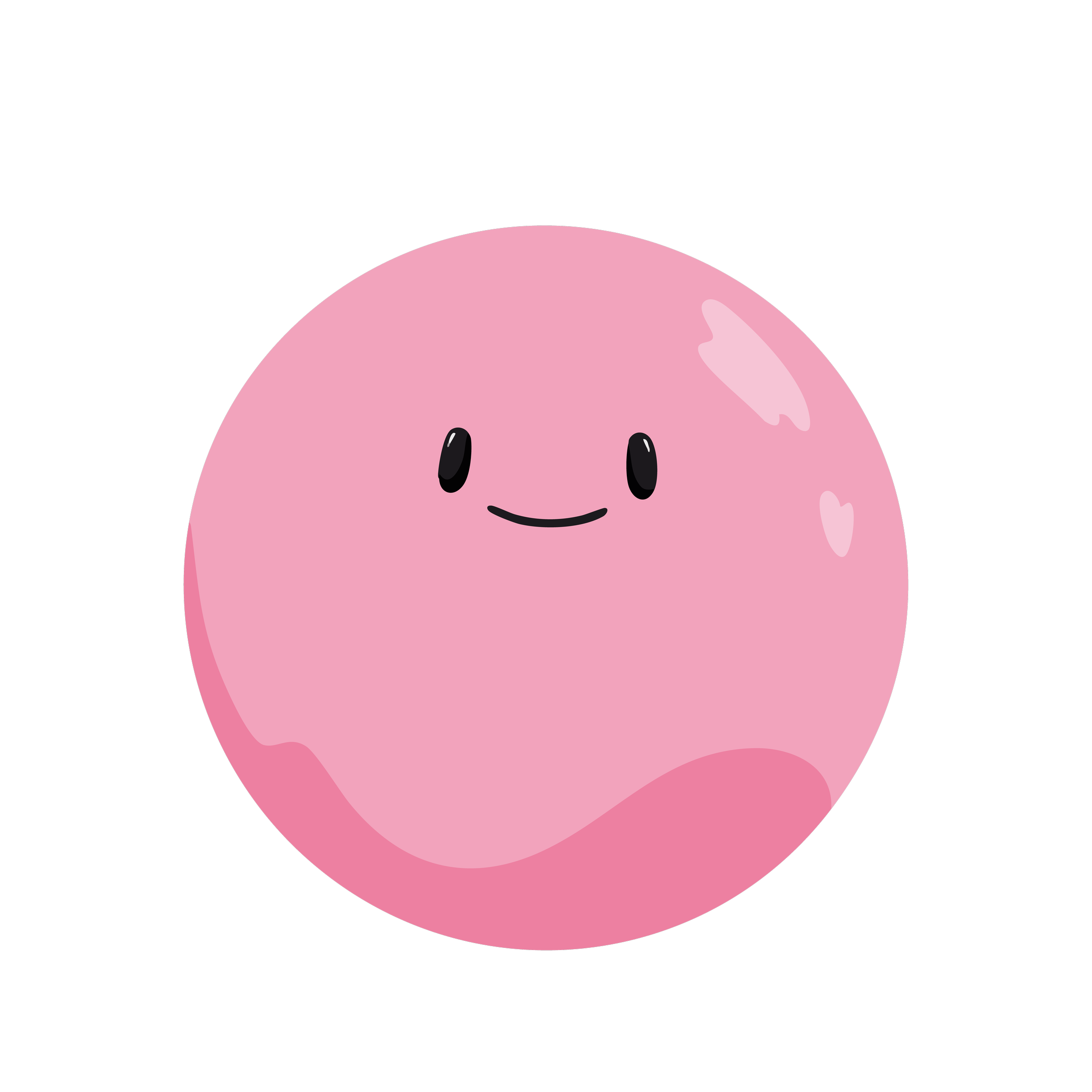 Close-up of a pink cartoon pig's face with black eyes, oval nose, and a smiling mouth.