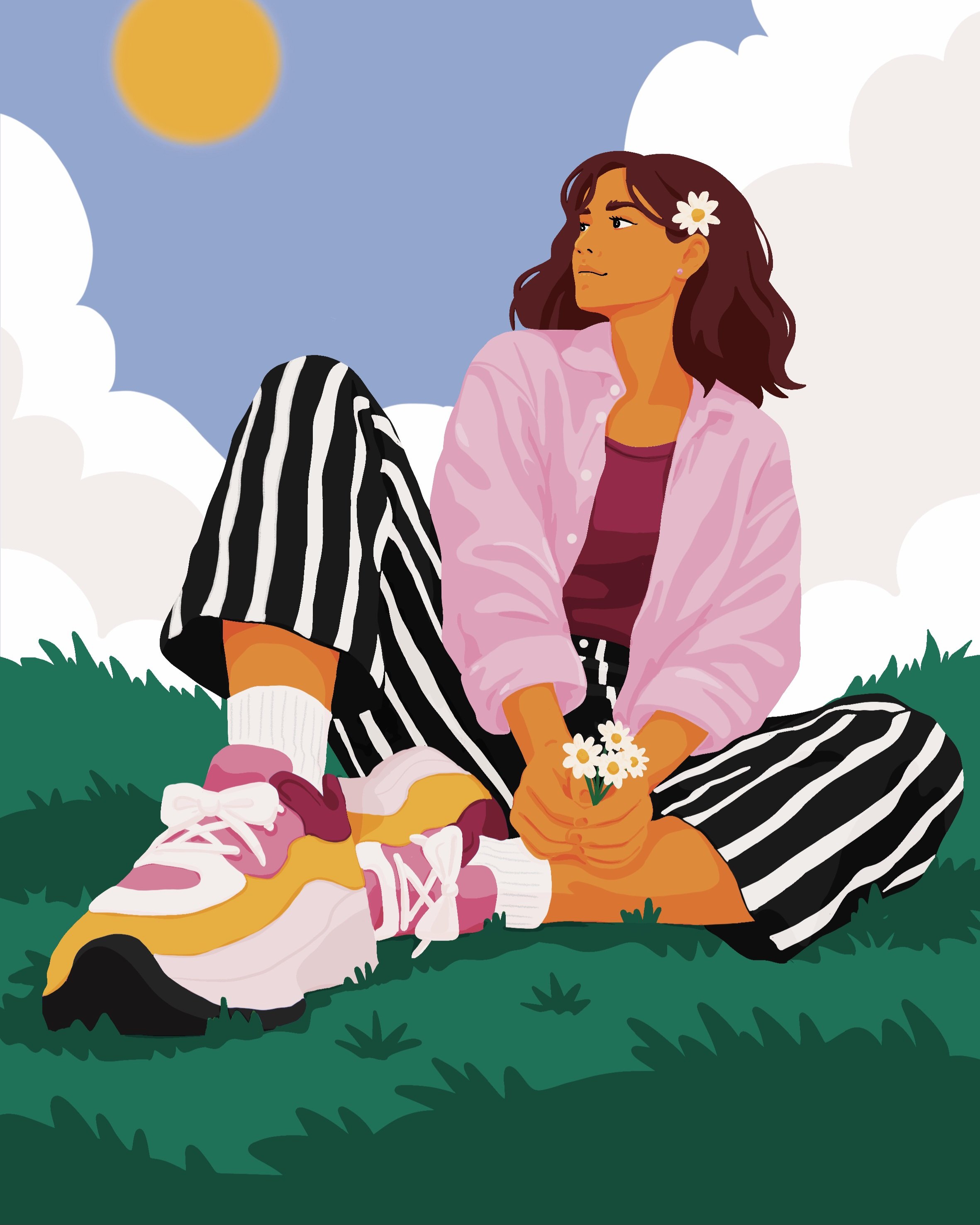 Illustration of a woman with dark brown hair, an orange skin tone, wearing a pink shirt and striped black-and-white pants, sitting outdoors on green grass, holding a small bouquet of white daisies, with clouds and a yellow sun in a blue sky background.