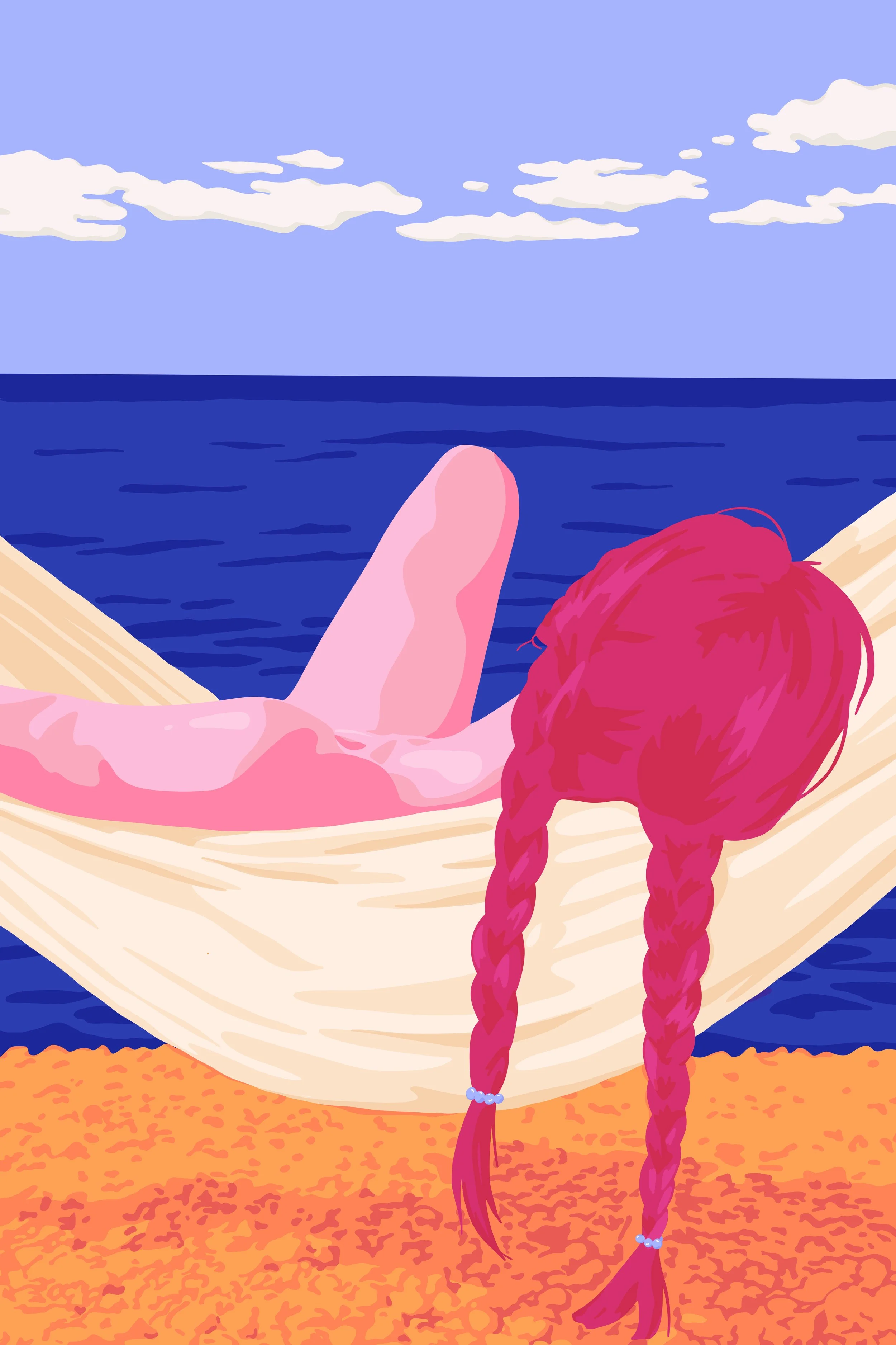 A person with long, pink hair braided into two pigtails, wearing a pink top, lying on a sandy beach and looking at the ocean and sky with clouds.