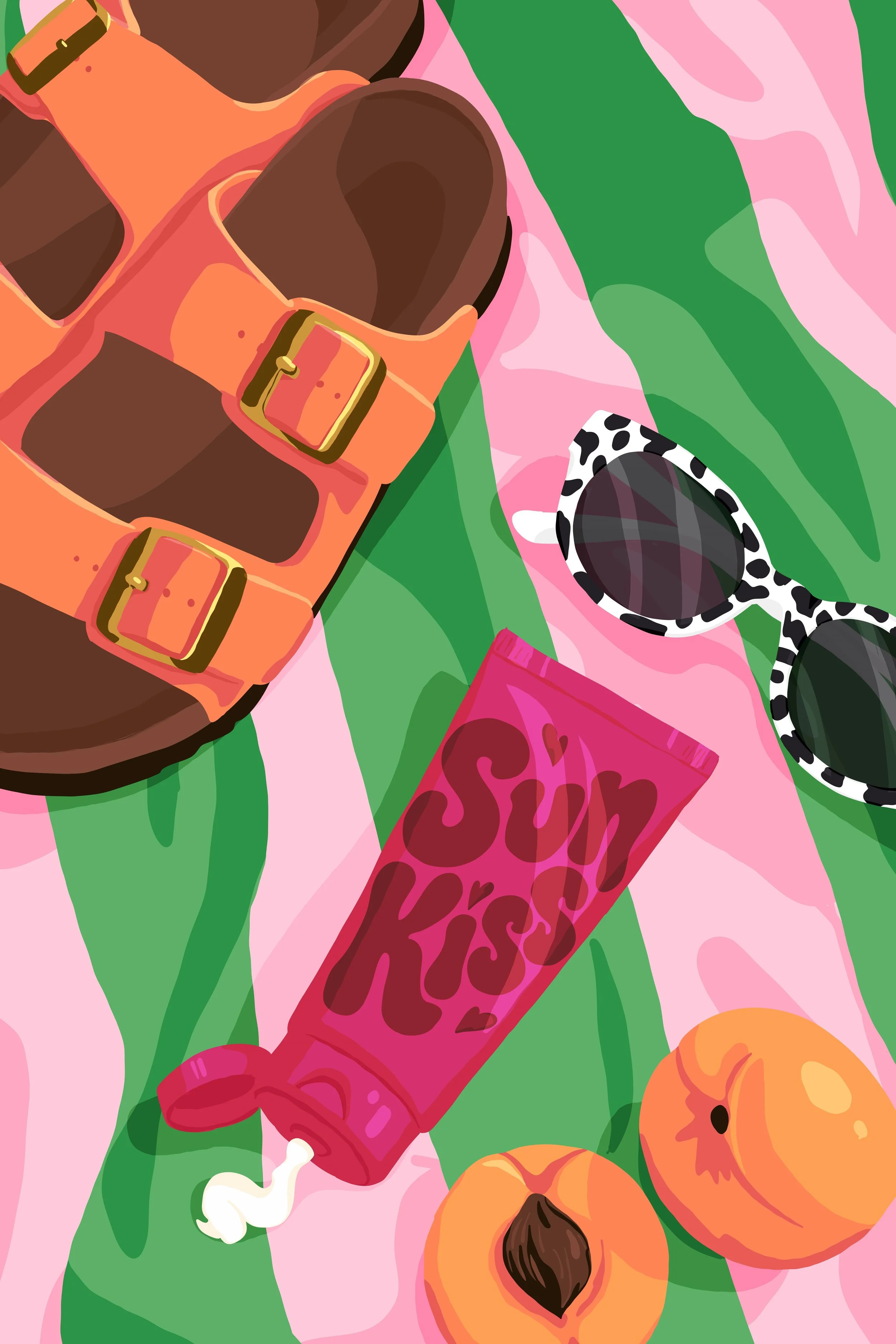 Editorial digital illustration of summer essentials including sandals, sunglasses, sunscreen and peaches in a bold contemporary style.