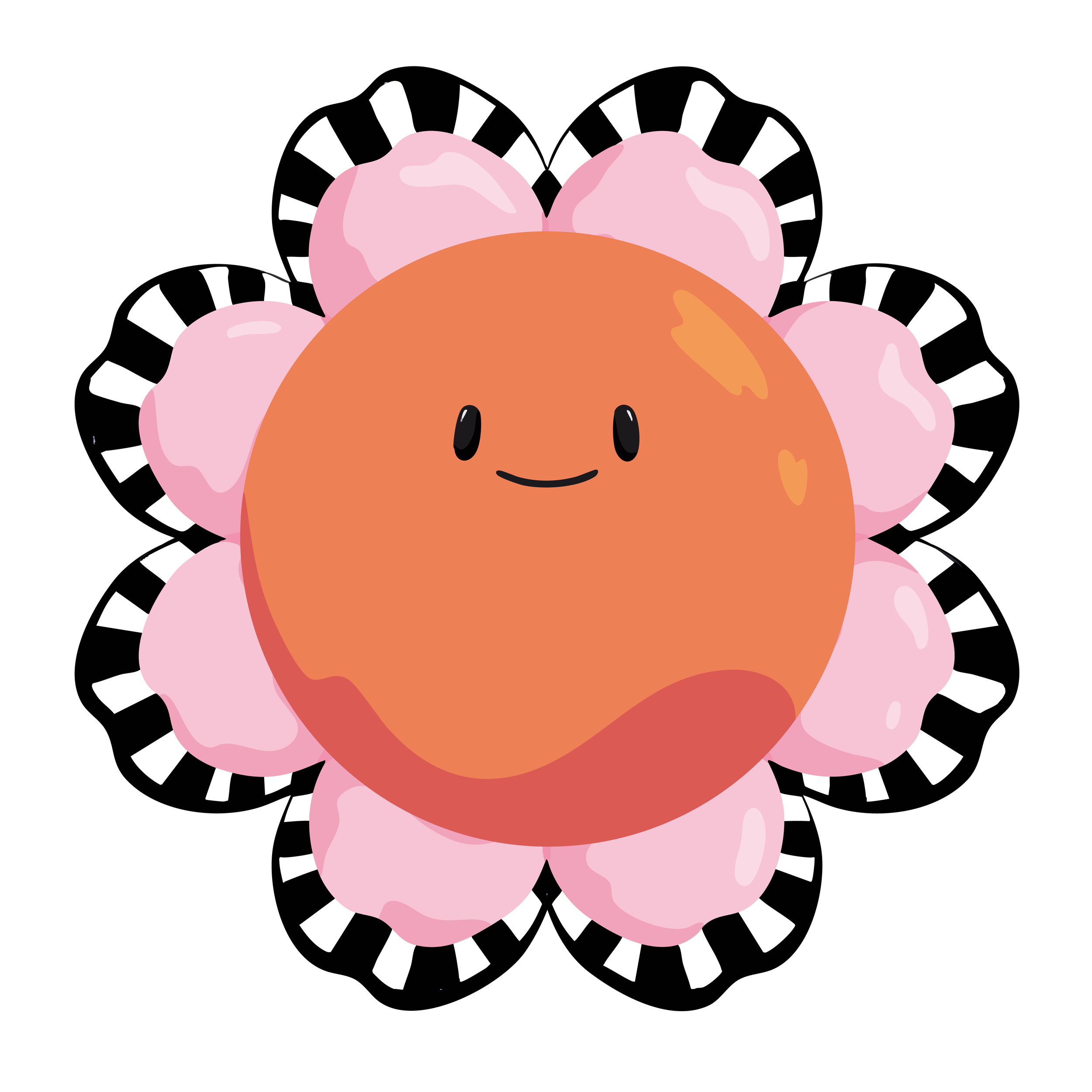 A cartoon illustration of a cute, smiling orange baby dinosaur with pink fluffy wings and black eyes, set against a black background with white dashed lines surrounding it.