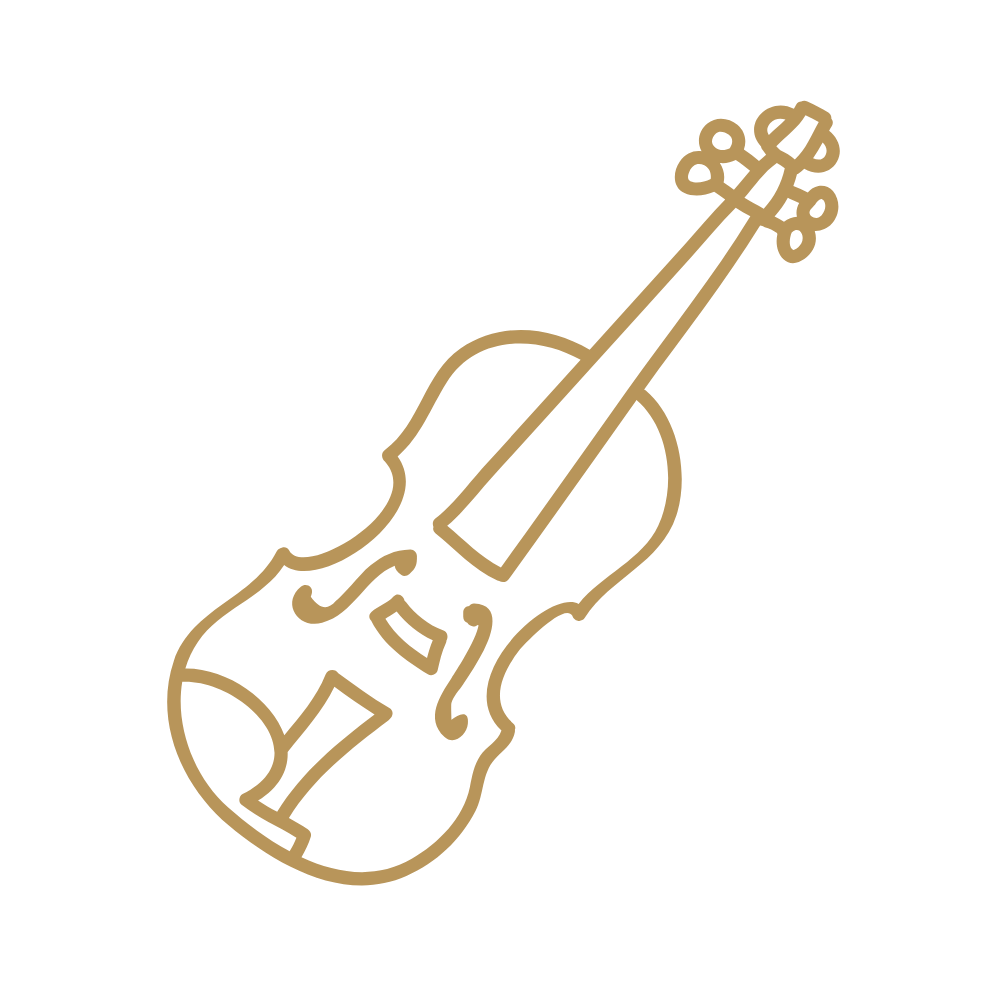 Outline drawing of a violin with a bow in a gold color on a black background.