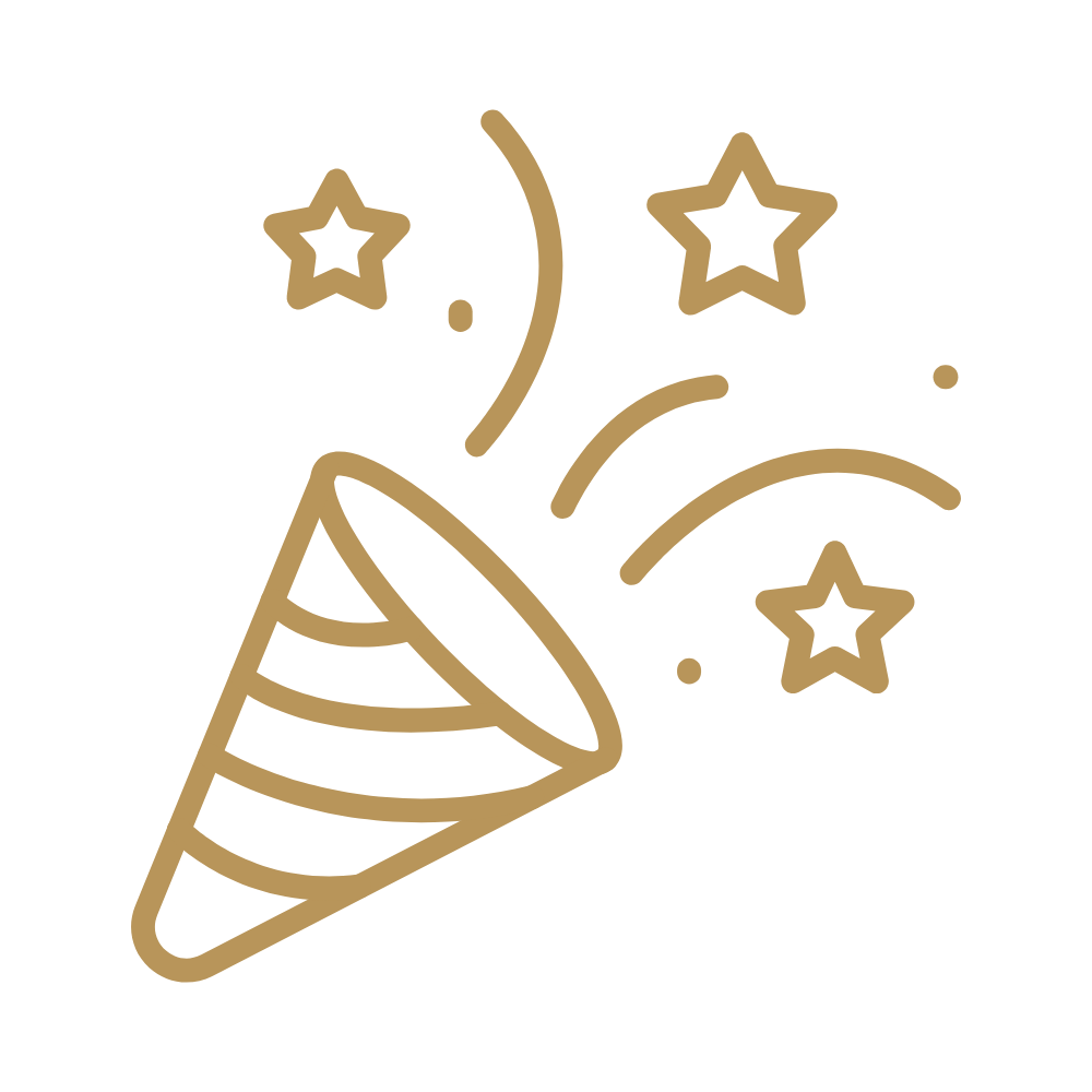 Line drawing of a party popper exploding with stars and confetti.