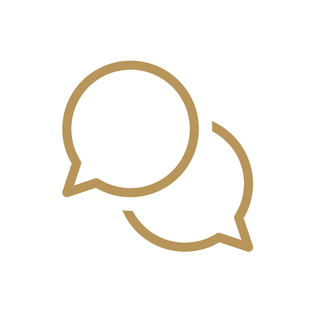 Two overlapping speech bubbles outlined in gold on a black background, symbolizing conversation or communication.