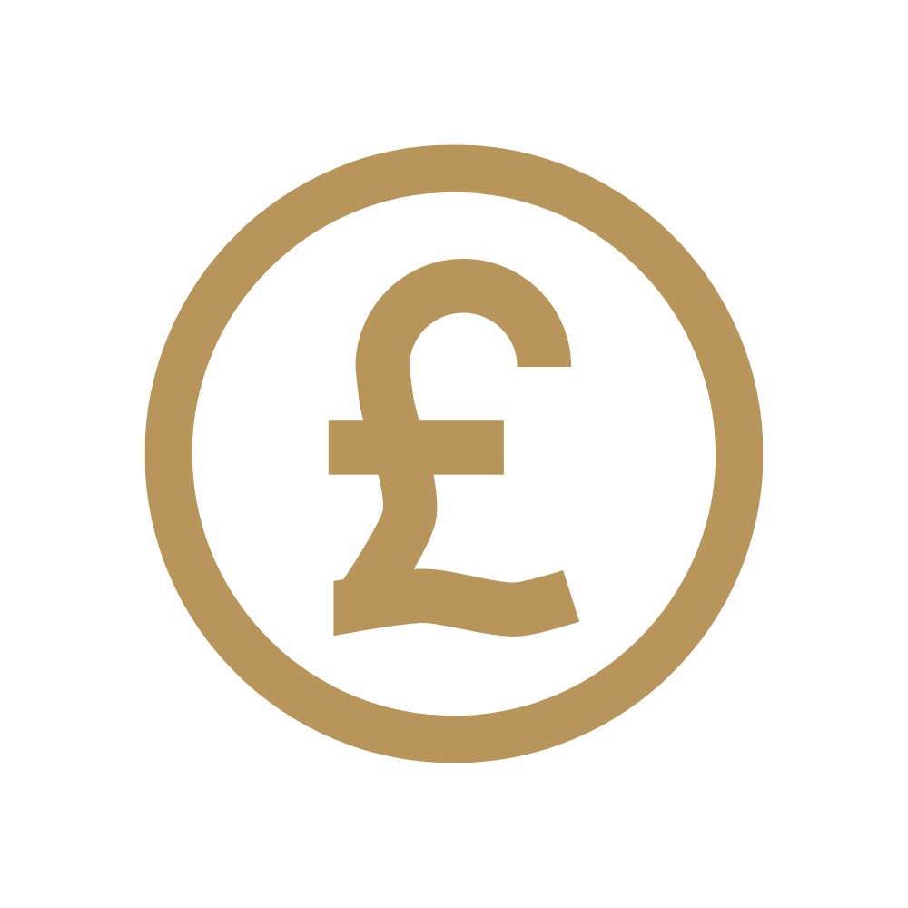 Black background with a gold circle containing a gold British pound (£) symbol.