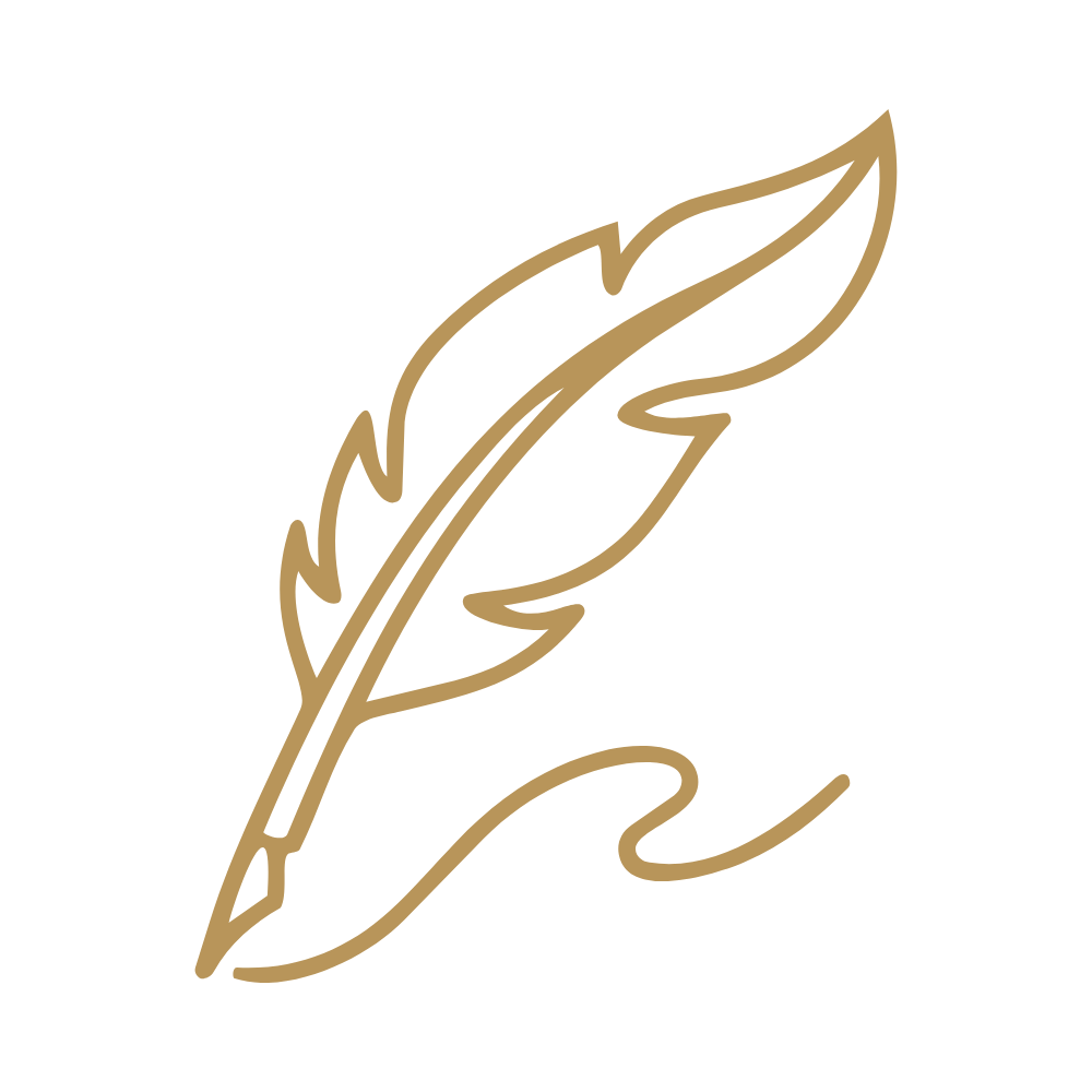 A simple line drawing of a quill pen in gold on a black background.