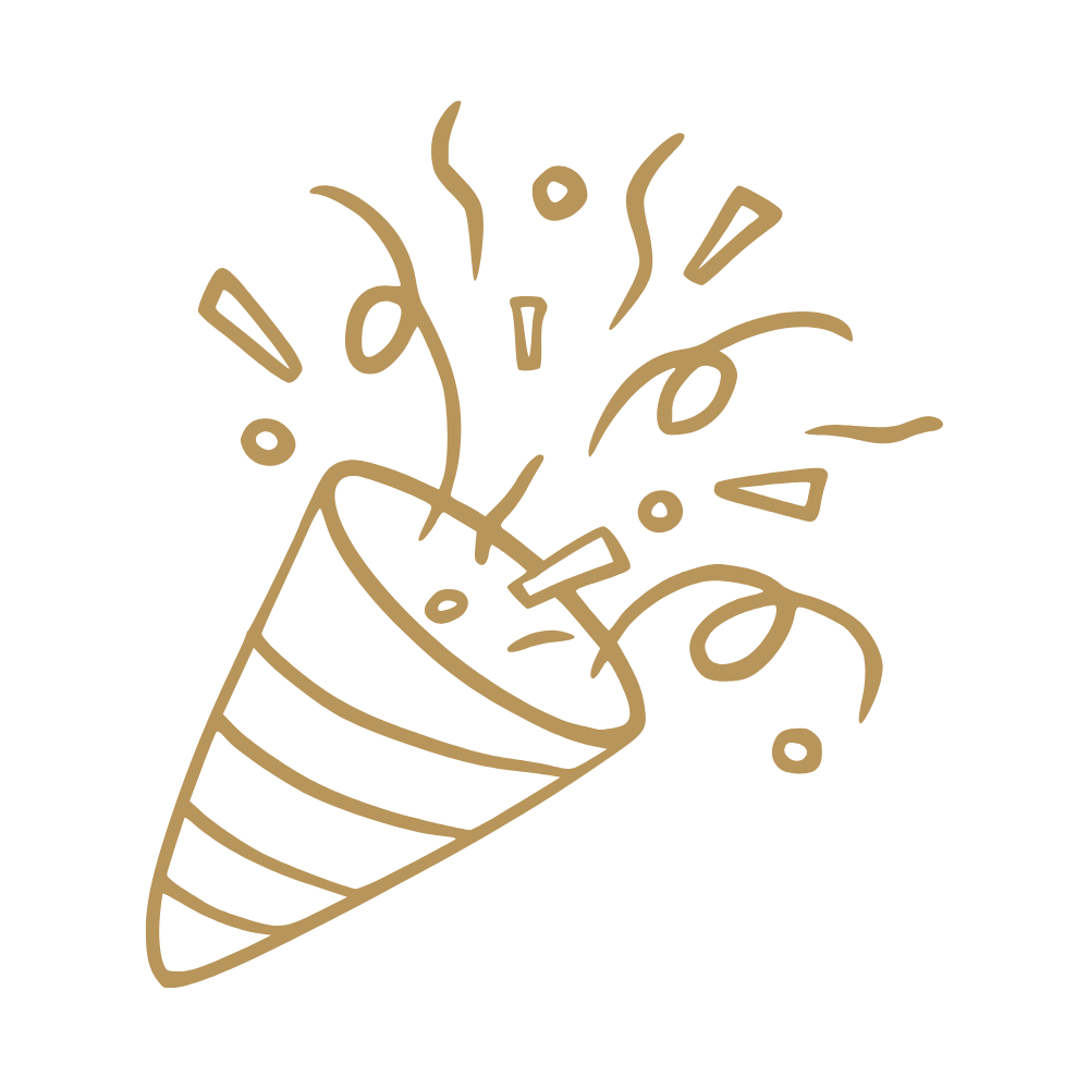 Minimalist line drawing of a party popper with confetti bursting out on a black background.