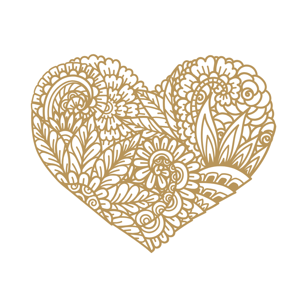 Intricate gold lace heart design on black background.