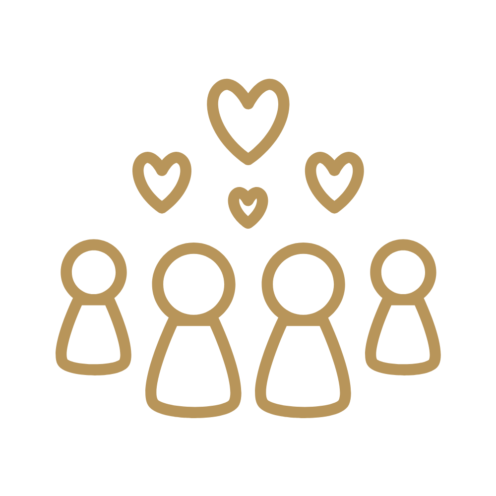 Simple illustration of four stylized people with three hearts above them, created with brown outline on black background.