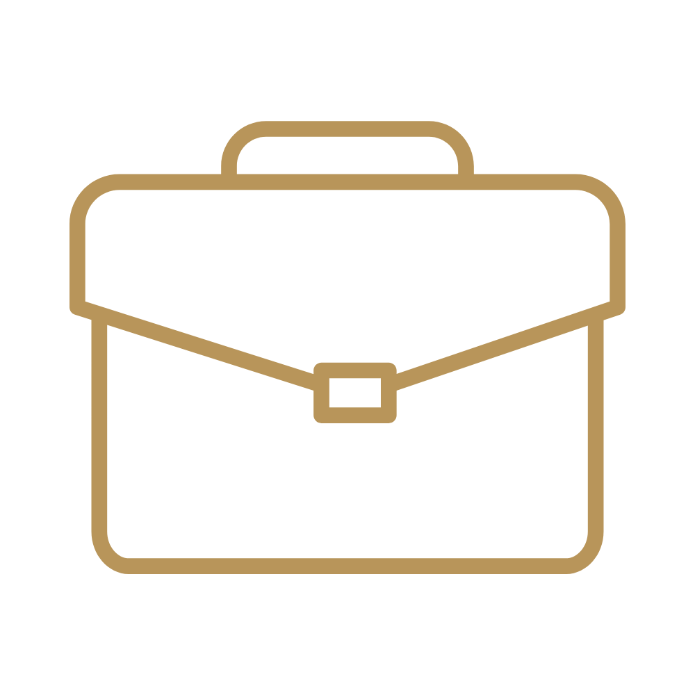 Outline of a briefcase in gold on a black background.