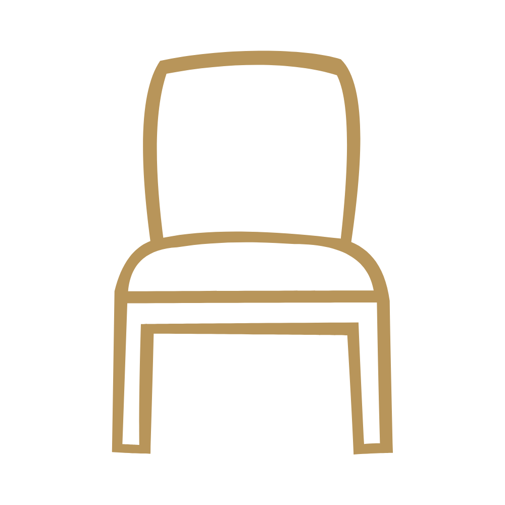 Simple line drawing of a chair with a rounded backrest and four legs, in a brown outline on a black background.