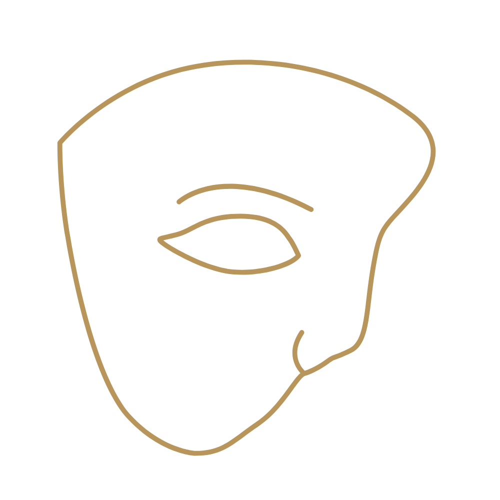 A minimalist line drawing of a face mask with eye holes, outlined in gold on a black background.