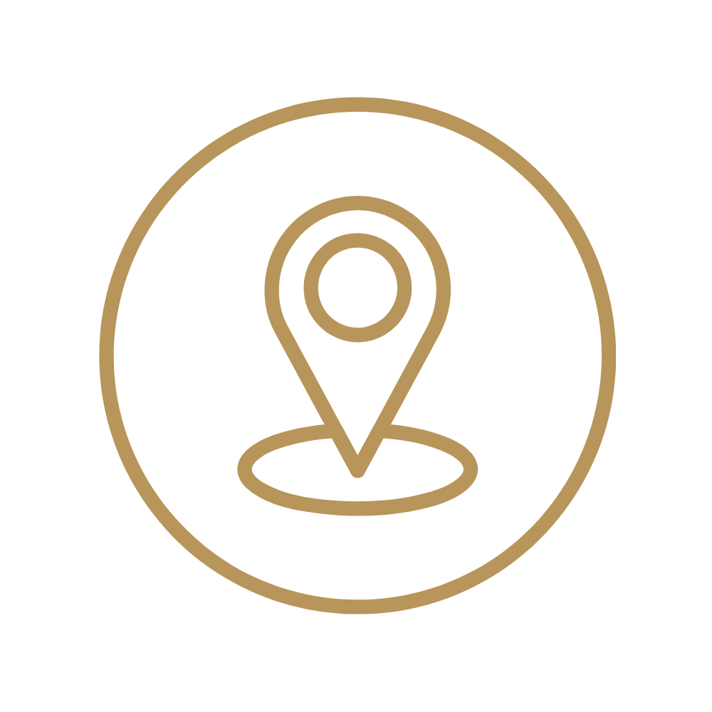 Gold outline map marker icon on black background