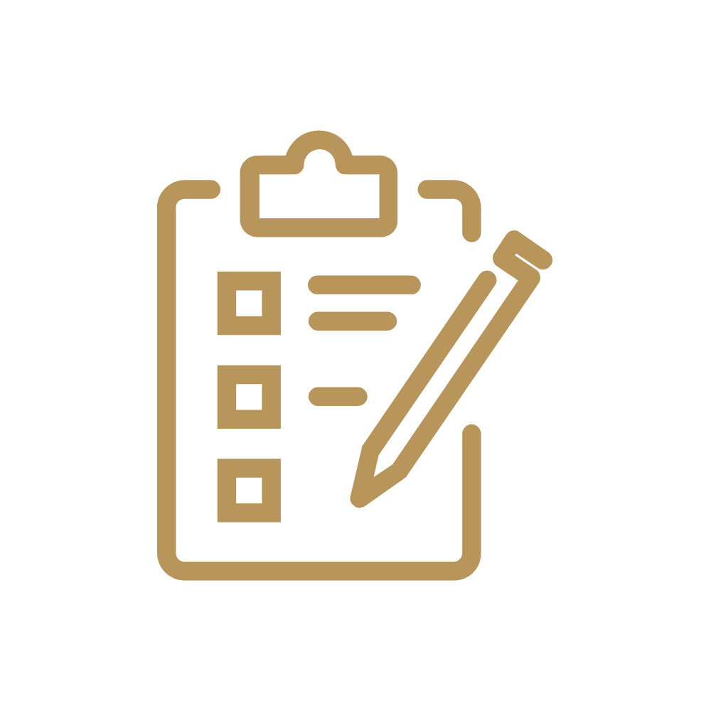 Outline of a clipboard with checkboxes and a pencil.