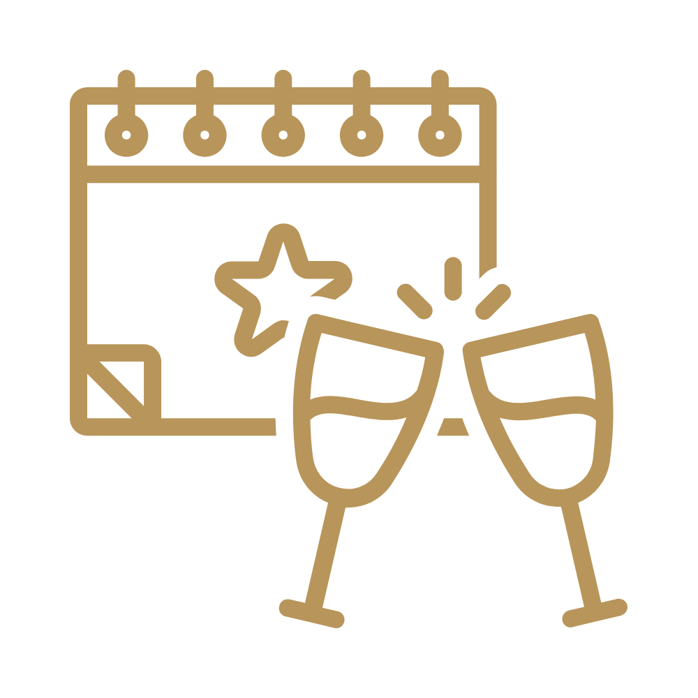 Two champagne glasses clinking in celebration, with a festive background of a calendar decorated with holiday ornaments and a star.