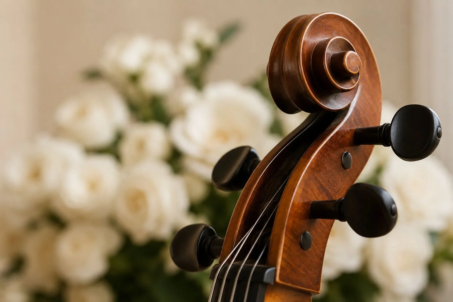 Close-up of a violin's scroll and tuning pegs with a blurred background of white roses.