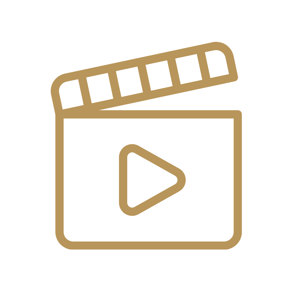 Icon of a movie clapperboard with a play button in the center, outlined in gold on a black background.