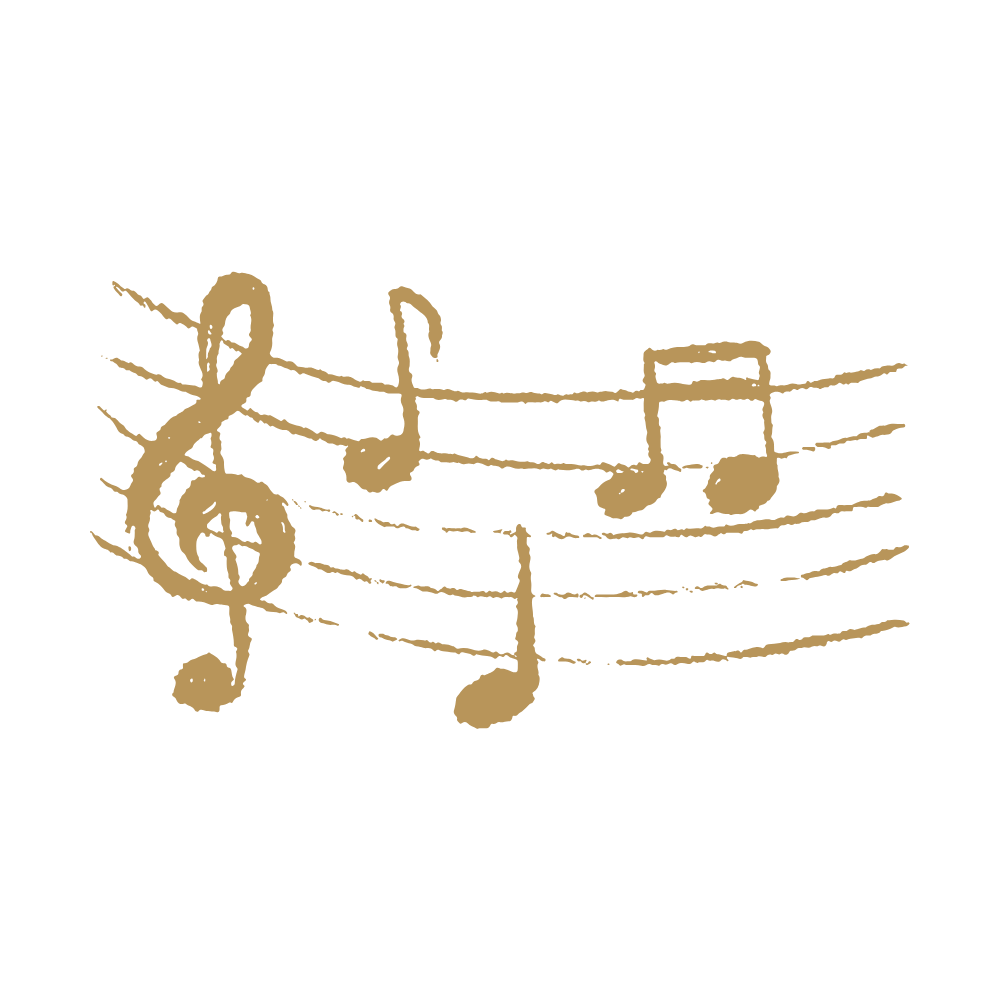 Stylized illustration of musical notes on a staff with a treble clef, rendered in gold on a black background.