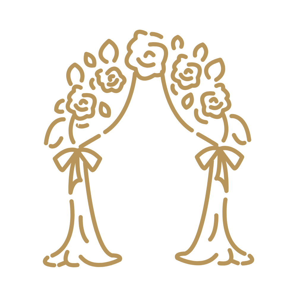 Gold-colored outline of an oval mirror decorated with floral and ribbon design, on a black background.