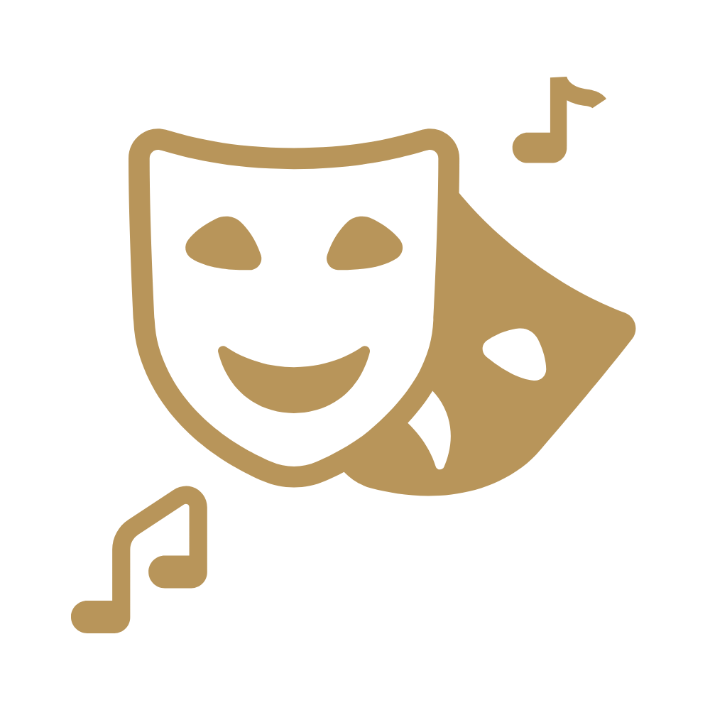 Gold and black theatrical comedy and tragedy masks with musical notes on a black background.