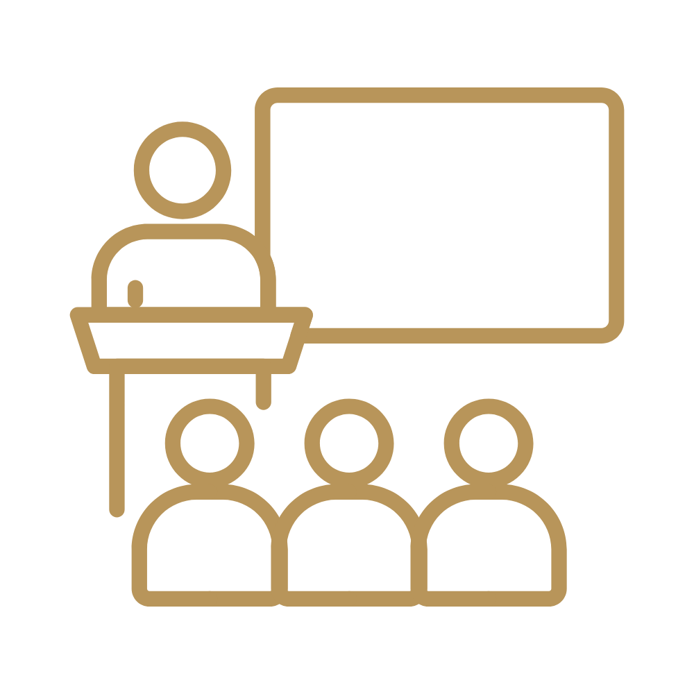 Line drawing of a person giving a lecture or presentation to three seated students in front of a large screen or board.