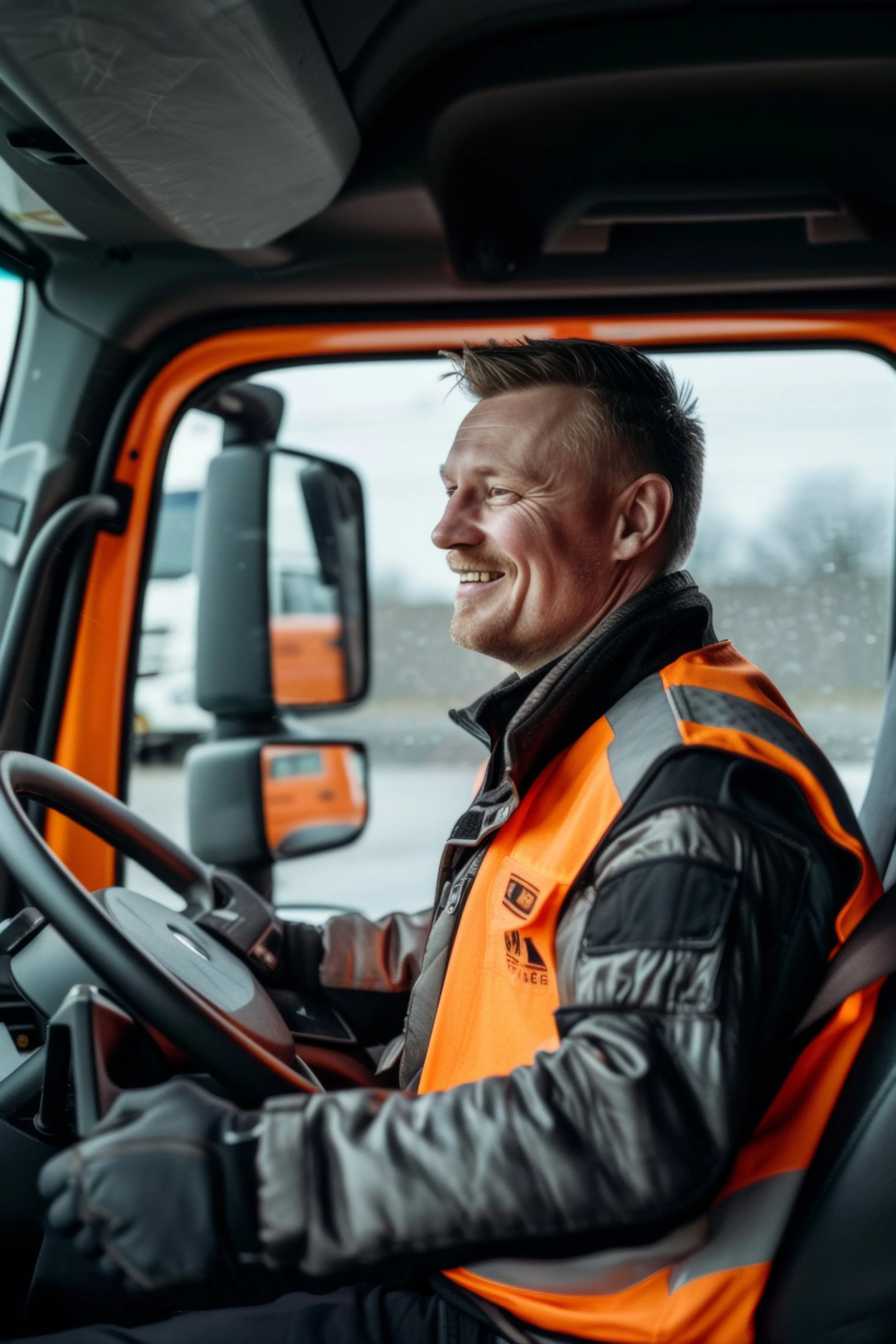 A smiling man driving a vehicle, wearing a reflective orange and gray safety jacket.
