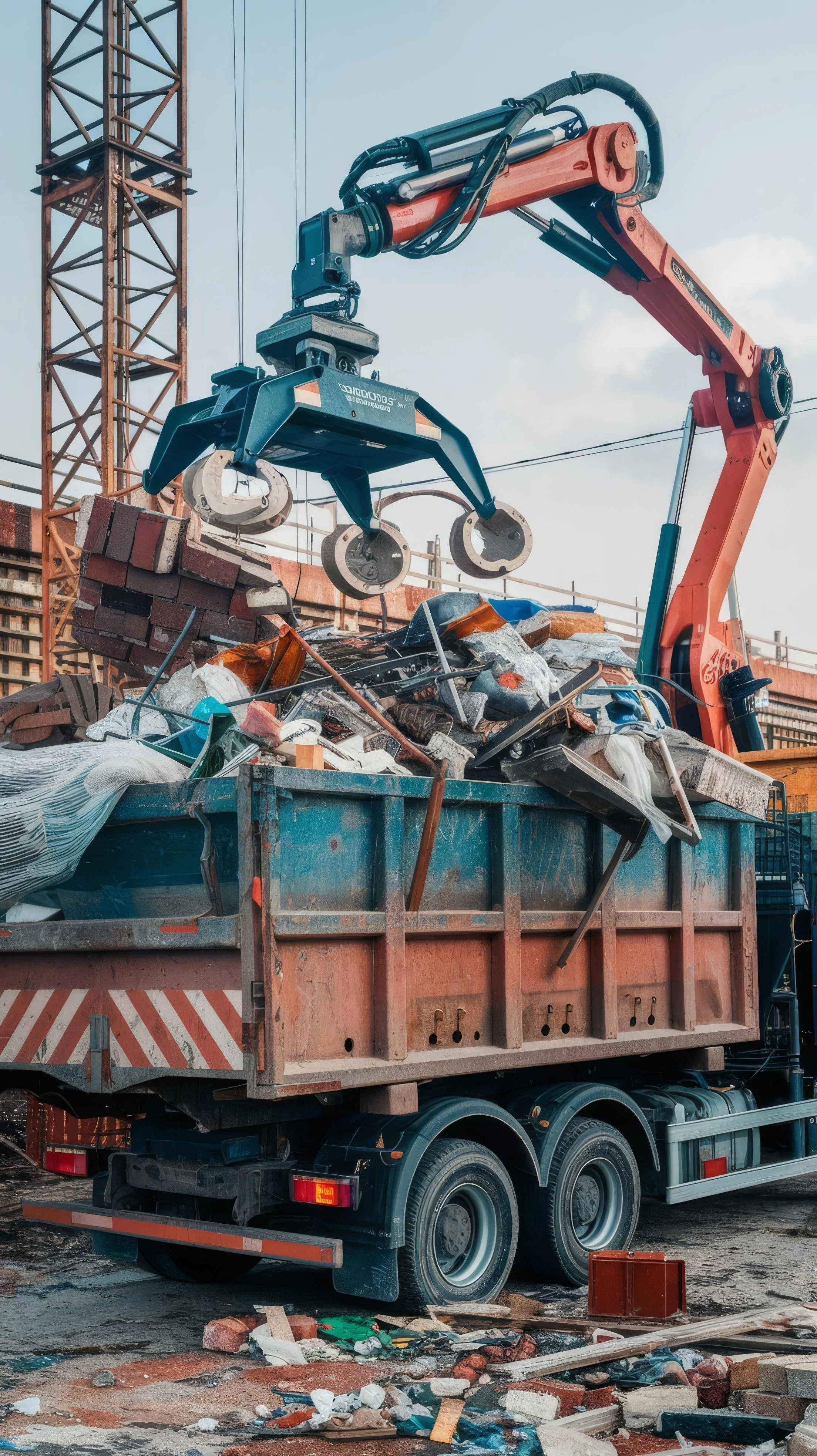 A construction vehicle with an articulated arm lifting debris, including bricks, wood, and metal, into a large dump truck at a construction site.