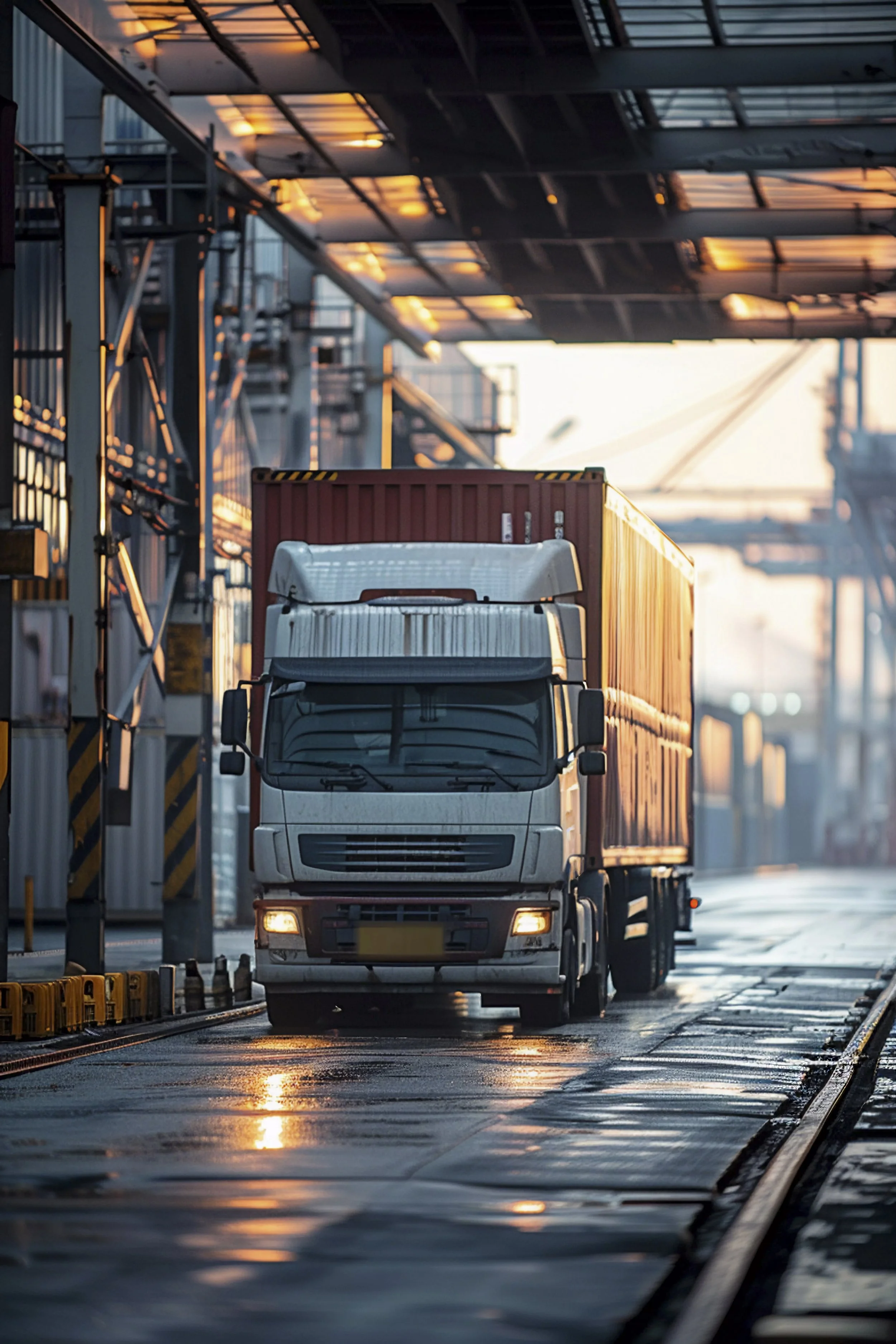 A large truck with a red cargo container driving on a wet road during a sunset, with industrial structures and cranes in the background.