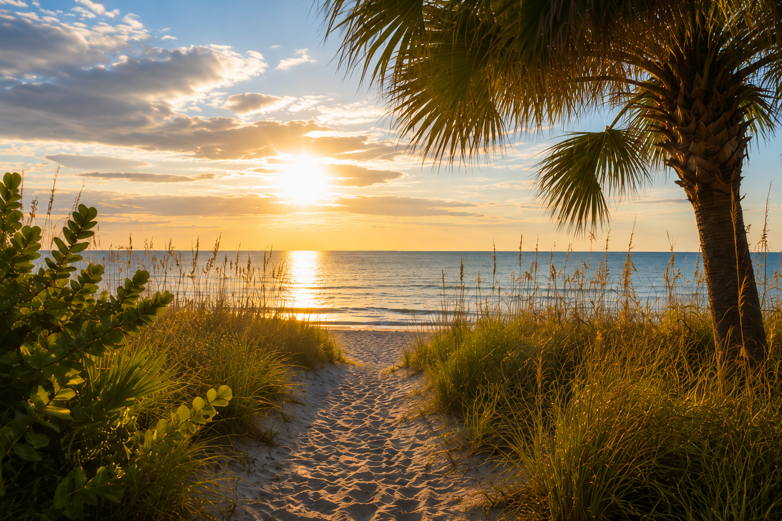 Sandy path through coastal dunes leading to the ocean at sunset in Florida.