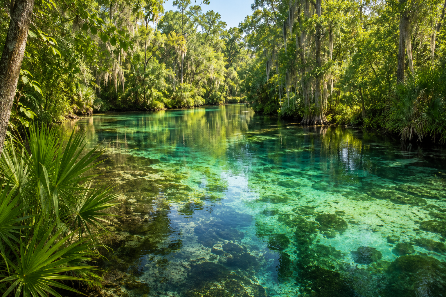 Clear turquoise Florida spring surrounded by lush subtropical forest, palms, and moss-covered trees.