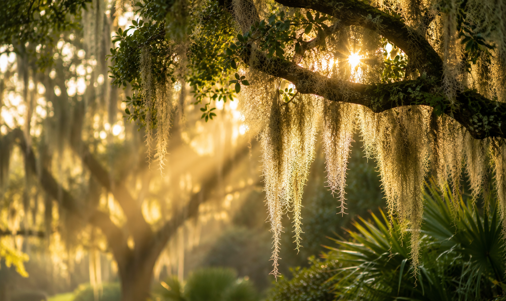 Sunlight filtering through Spanish moss hanging from live oak branches surrounded by lush green foliage in Florida.