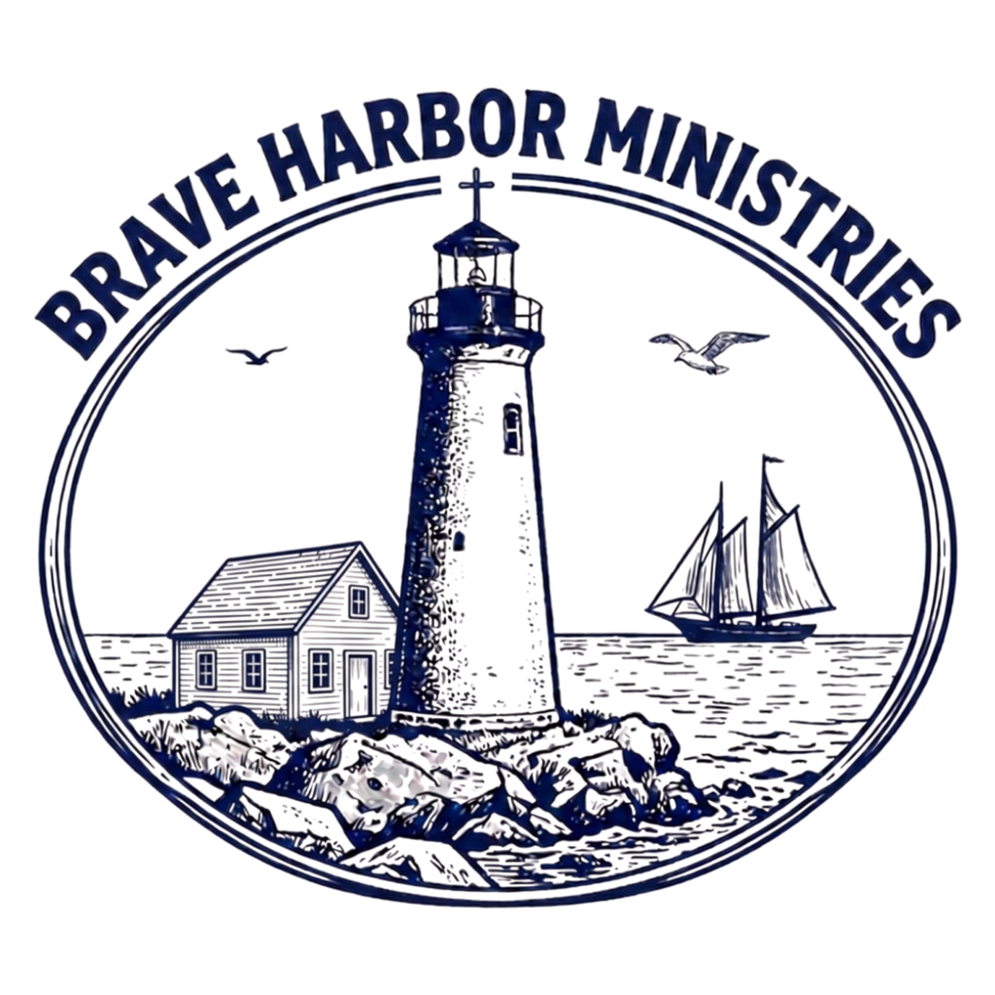 Neon sign reading 'Brave Harbour Minis'ter' encircles a lighthouse and birds flying nearby, set against a dark background.
