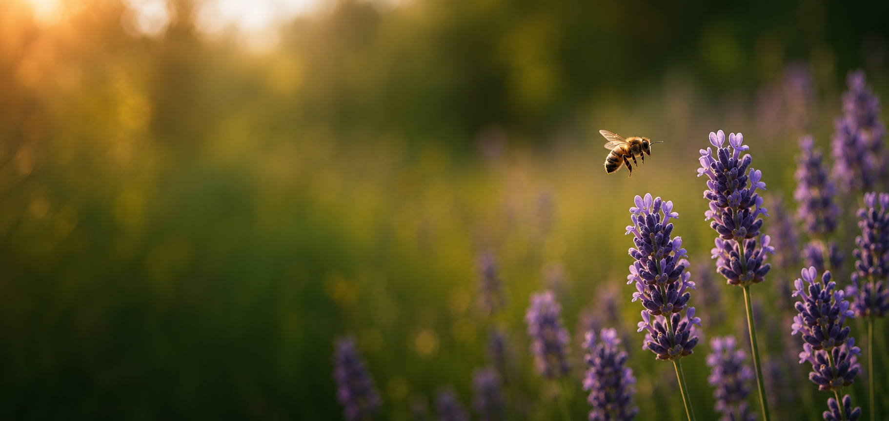 A bee flying near purple lavender flowers in a garden during sunset.