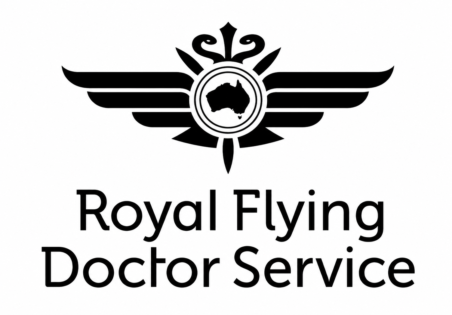 Black and white logo of Royal Flying Doctor Service with wings, a circular emblem with a map of Australia, and the service name below.