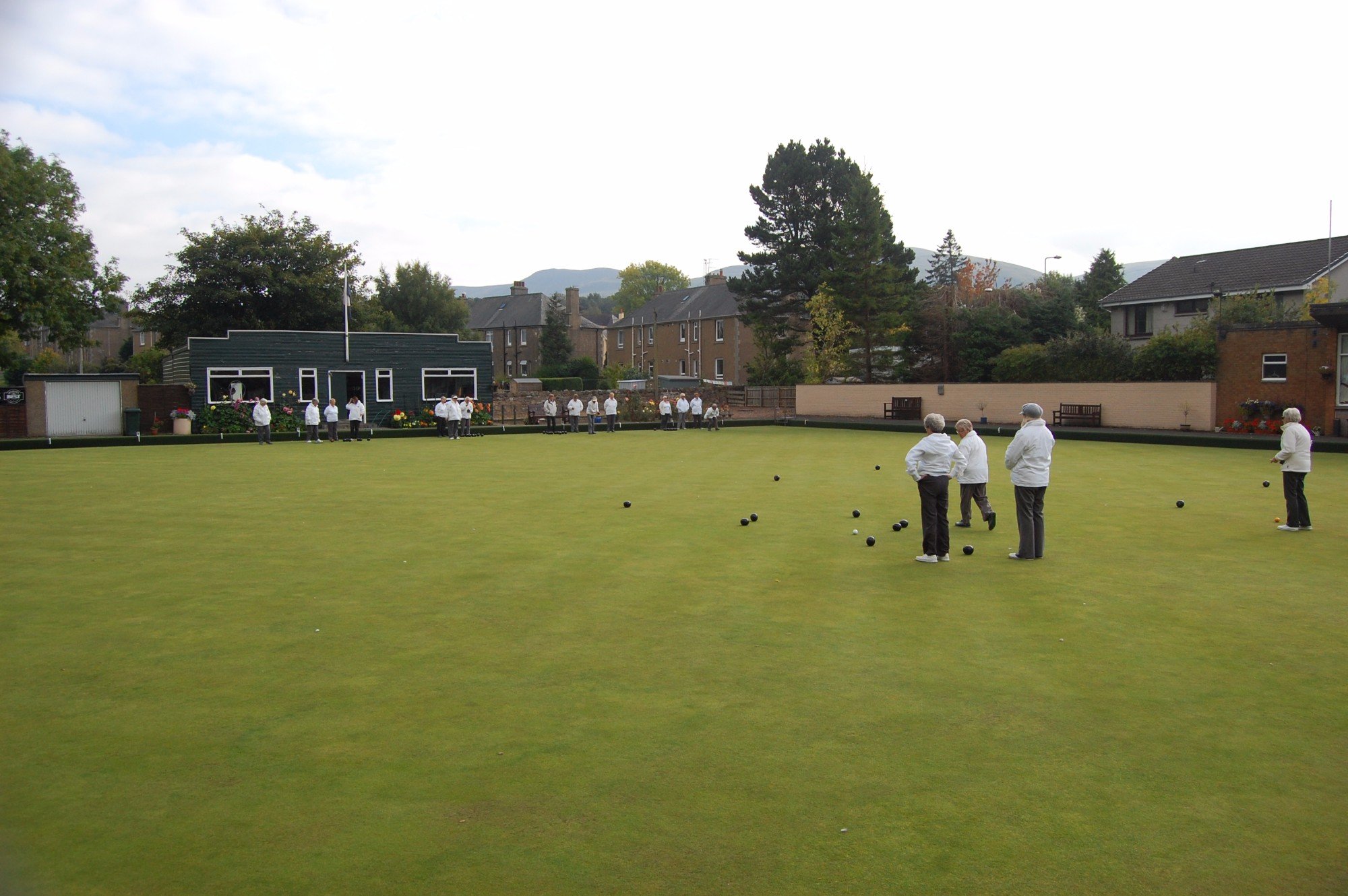 People playing lawn bowls on a green field in a park-like area with houses and trees in the background.