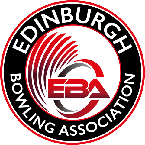 Logo of Edinburgh Bowling Association, featuring a stylized bowling ball and finger holes in red, white, and black.