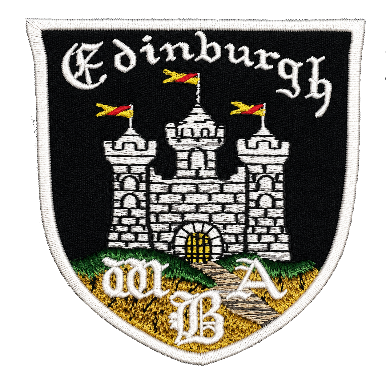 An embroidered patch featuring a castle with three towers, flags, and a pathway leading up to the entrance. The background is black, and the border is white. The patch displays Greek letters alpha, beta, and gamma at the bottom, and the text engraved in a curved manner to the top.