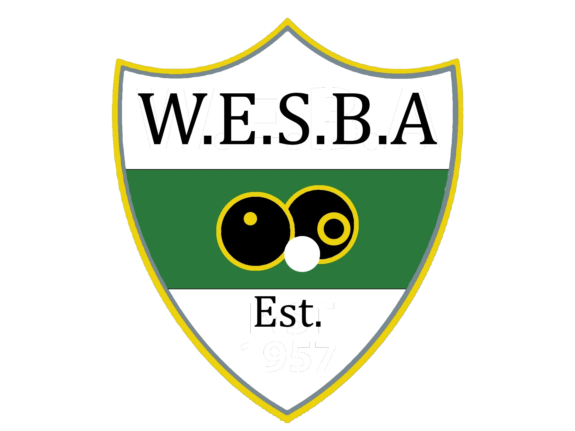 A sign resembling a highway shield with the letters 'W.E.S.B.A' and the words 'East' and 'Est.' displayed on it.