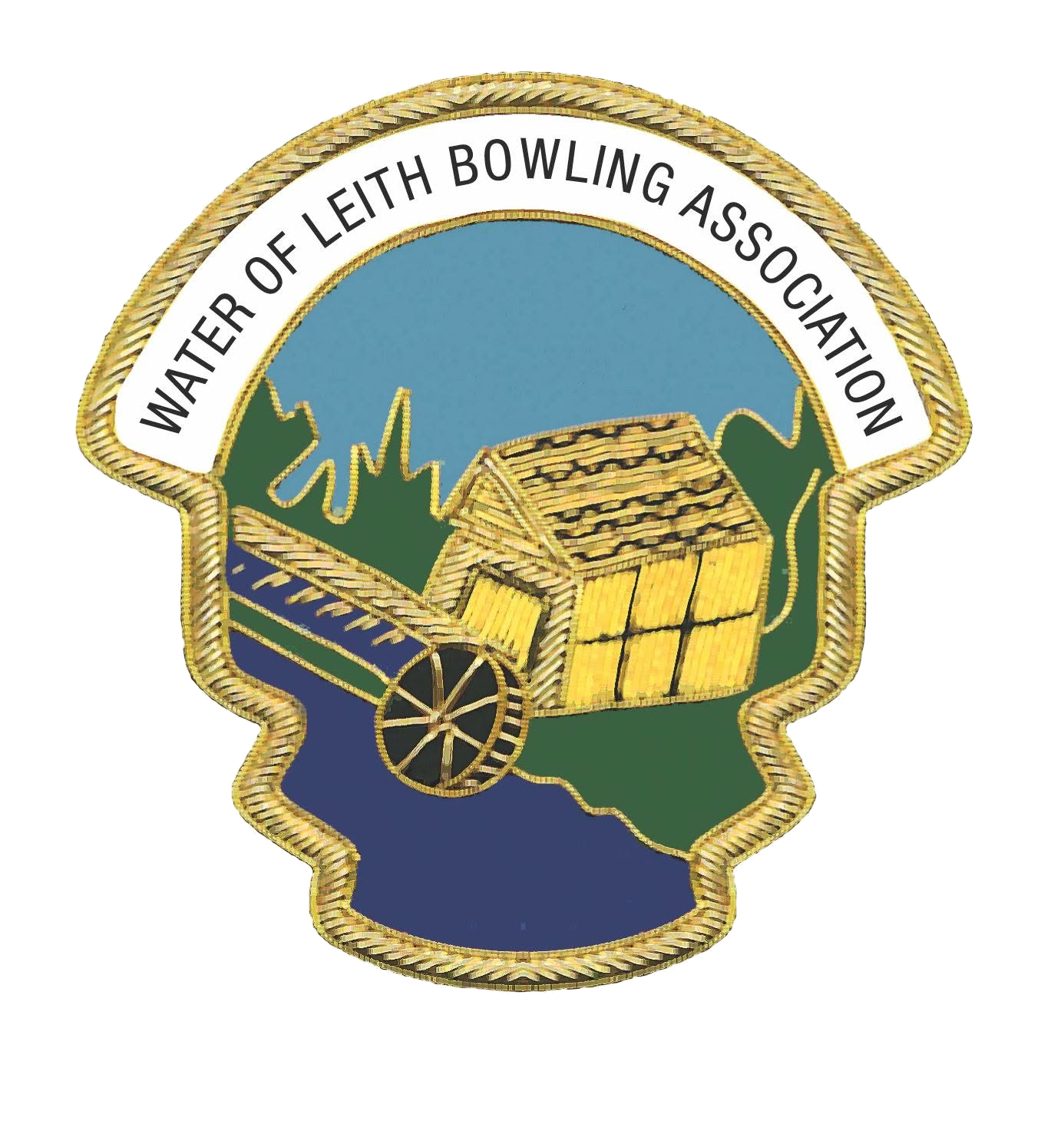 Badge of the Water of Leith Bowling Association with a globe, a bowling ball, a bowling pin, and a rubik's cube, all outlined in gold.