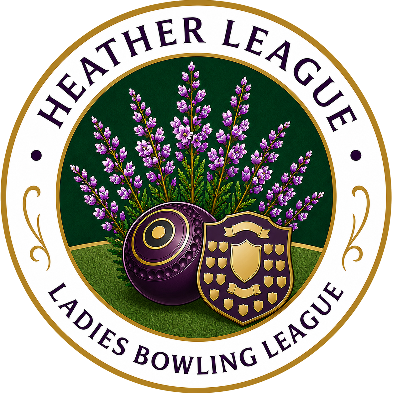 Logo for the Heather League Ladies Bowling League featuring purple flowers, a bowling ball, and a shield with gold accents.