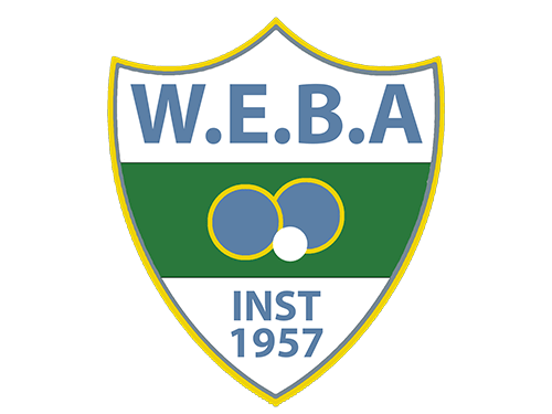 A shield-shaped logo with W.E.B.A at the top, three overlapping circles in the middle, and 'INST 1957' at the bottom, with a green, white, and blue color scheme.