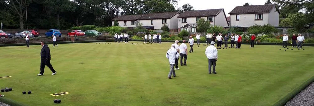 People playing and practicing lawn bowls on a well-maintained grass green, with houses and parked cars in the background.