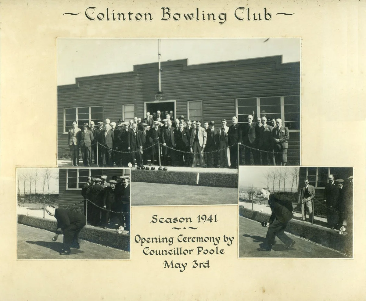 A historical black and white photograph of the Clinton Bowling Club's opening ceremony in 1941, featuring a large group of men in front of a wooden building, and two smaller images of men bowling on the outdoor lawn.