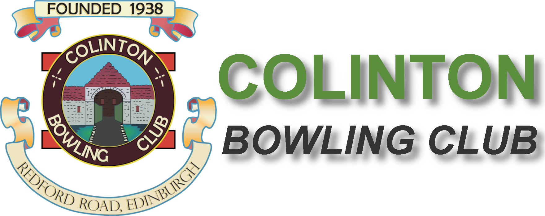 Logo of the Colinton Bowling Club, established in 1938, featuring a circular emblem with a castle gate illustration, surrounded by banners and text highlighting its history and location in Redford Road, Edinburgh.