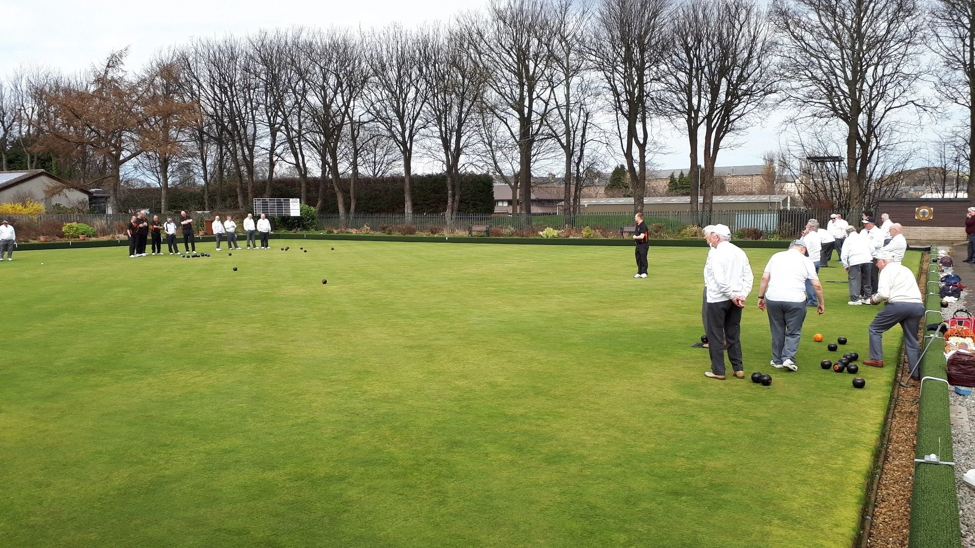 A group of people playing lawn bowls on a well-maintained grass field, with some standing and others preparing to bowl, surrounded by trees and a wooden fence.