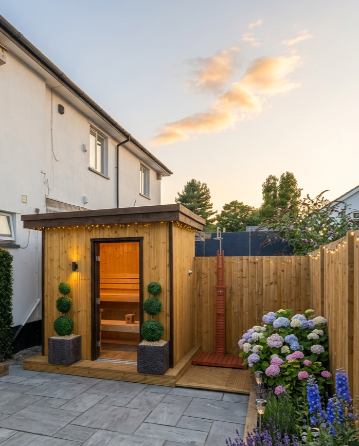 A backyard wooden sauna with outdoor lighting, surrounded by a flower garden, with a patio area and a house in the background during sunset.