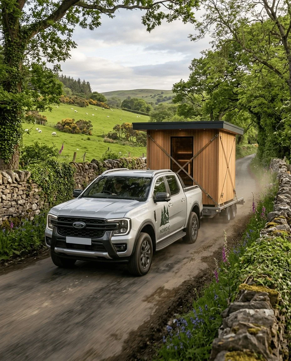 A silver pickup truck with a logo on the door labeled "Nordic" is towing a small wooden tiny house along a rural dirt road, surrounded by lush green trees and rolling hills.
