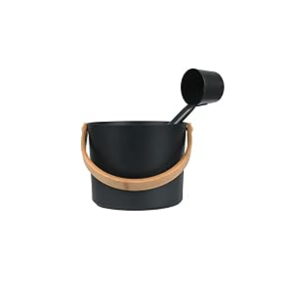 A black scoop with a long handle resting inside a black bowl with a wooden handle around it.
