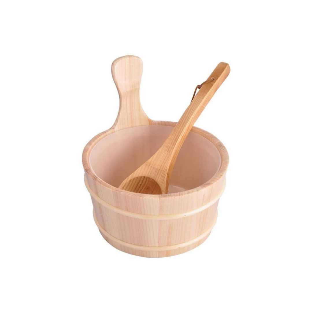 Wooden sauna bucket with a matching ladle and a handle, used for pouring water onto hot stones in a sauna.