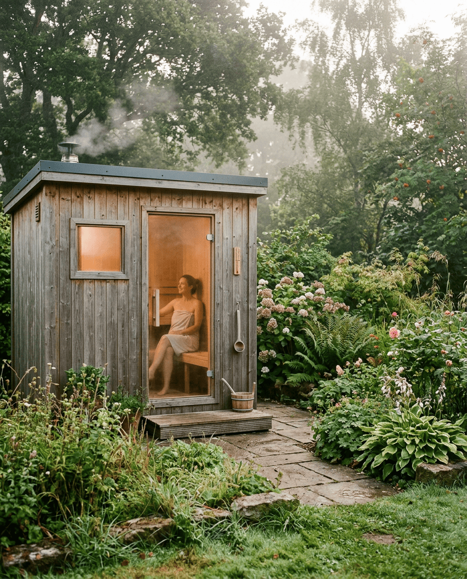 A woman relaxing inside a small wooden sauna surrounded by lush garden plants and flowers.